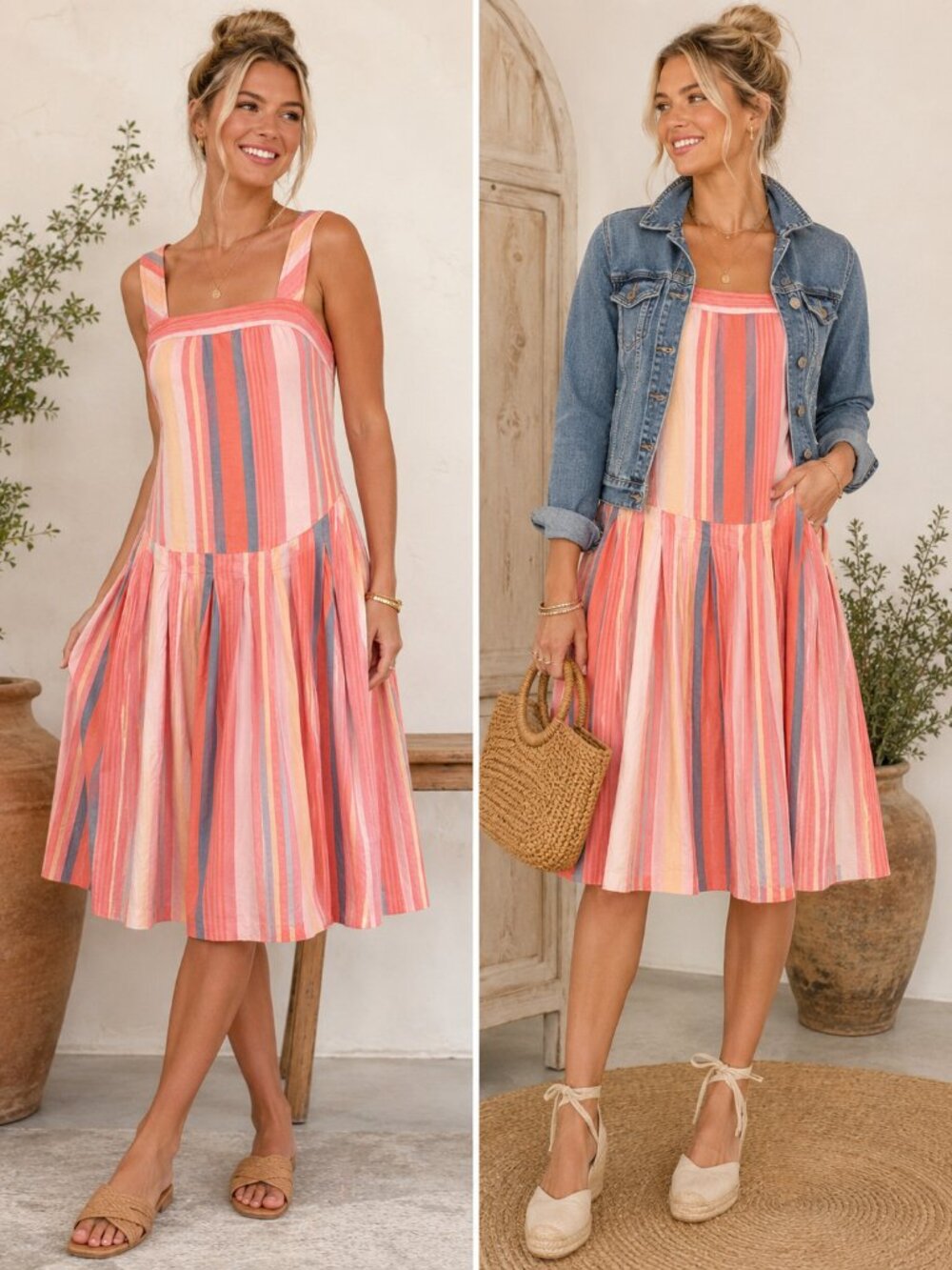 Free People Striped Midi Dress XS Tie Strap Drop Waist Boho NWT